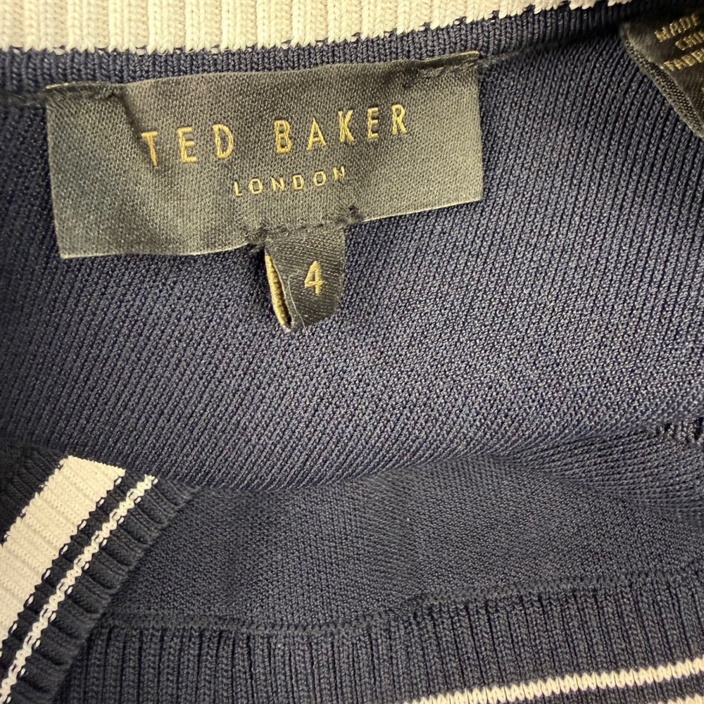 Ted Baker LANTAI Pleated Midi Dress Size 4 Navy White Striped Preppy Sporty Luxe - Picture 9 of 11